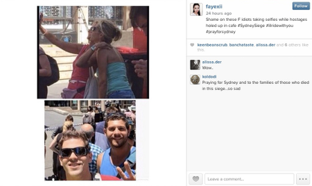 Instagram post condemning Selfies in Sydney hostage crisis