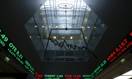 A stock ticker shows stock options inside the Athens stock exchange building in Athens.