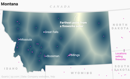 A map of locations selling fireworks in Montana