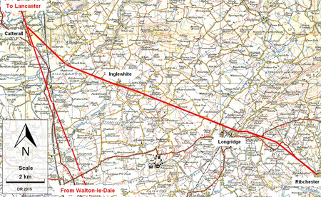 The route from Ribchester to Catterall (for Lancaster)