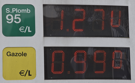 Gas prices are displayed at a petrol station in Le Chesney, France, Tuesday, Dec. 29, 2015. Petrol prices are expected to keep falling as the major oil producing countries fight for market share by increasing production. The diesel in France drops less than 1euro a liter, the lowest level in since 2009.