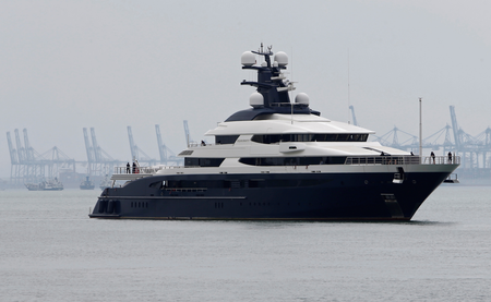 Seized luxury yacht Equanimity, belonging to fugitive Malaysian financier Low Taek Jho, is brought to Boustead Cruise Terminal in Port Klang, Malaysia August 7, 2018.