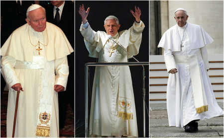 Pope John Paul II, Pope Benedict XIV, and Pope Francis