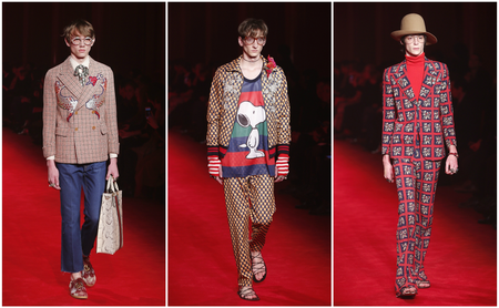 Models wear creations for for Gucci men&#039;s Fall-Winter 2016-2017 collection, part of the Milan Fashion Week, unveiled in Milan, Italy, Monday, Jan. 18, 2016.