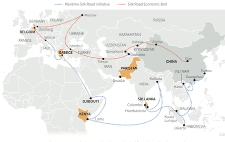 Map showing the planned Maritime Silk Road route and Silk Road Economic Belt.