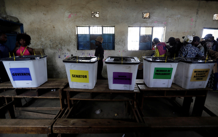 Election voting boxes are arranged inside a classroom used as a polling centre, during the Jubilee Party (JP) primary elections, in Nairobi, Kenya April 26, 2017.
