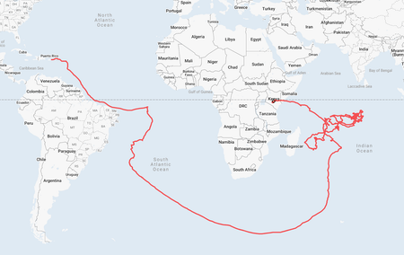 A map showing the route of Alphabet&#039;s Loon balloons from Puerto Rico to Kenya.
