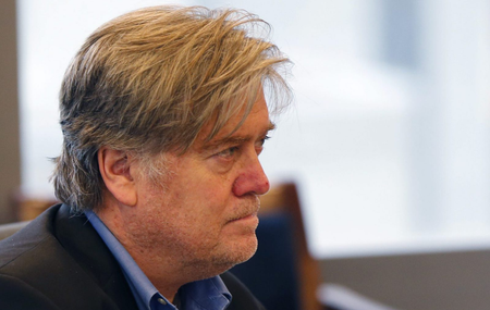Bannon, Republican presidential candidate Donald Trump&#039;s campaign chairman, attends Trump&#039;s Hispanic advisory roundtable meeting in New York, Saturday, Aug. 20, 2016.