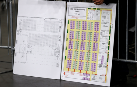 Layouts of patient areas to be constructed are seen at Jacob K. Javits Convention Center in Manhattan