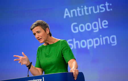 FILE - In this June 27, 2017 file photo, European Union Commissioner for Competition Margrethe Vestager speaks during a media conference at EU headquarters in Brussels. The European Union&#039;s competition watchdog has fined internet giant Google over its online shopping service. Google said Thursday, Sept. 28, it has proposed a remedy for its search results that European regulators have said favor its own shopping listings: holding an auction for those advertiser-paid spots. But critics say the proposal still favors the deep-pocketed tech giant, and Europe&#039;s top antitrust regulator is taking a wait-and-see attitude. (AP Photo/Virginia Mayo)