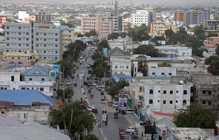 An aerial view shows rickshaw traffic in the downtown of Mogadishu, Somalia February 14, 2018.