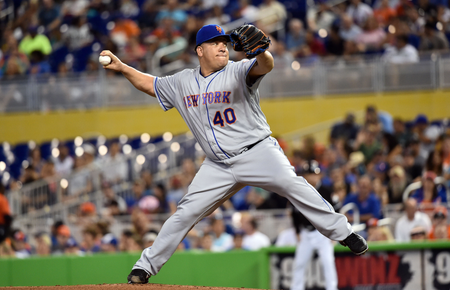 Jun 4, 2016; Miami, FL, USA; New York Mets starting pitcher Bartolo Colon (40) delivers a pitch against the Miami Marlins during the first inning at Marlins Park.