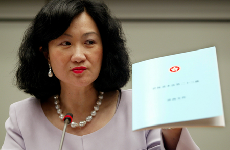 Hong Kong&#039;s Secretary for Security Regina Ip holds a consultation document on a planned anti-subversion law during a news conference in Hong Kong September 24, 2002. The territory unveiled the proposals on Tuesday that rights groups fear could pose the most serious threat to civil liberties since this former British colony returned to Chinese rule.