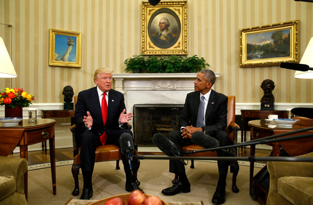U.S. President Obama meets with President-elect Trump in the White House Oval Office in Washington