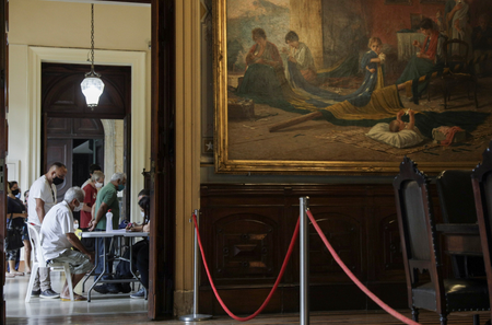 Elderly citizens waiting to get vaccinated at the Museum of the Republic at Catete Palace, Rio de Janeiro