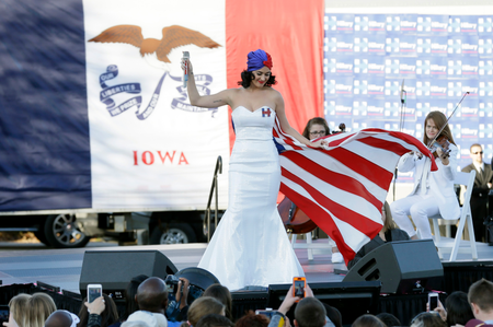 Singer Katy Perry performs during a rally for Democratic presidential candidate Hillary Rodham Clinton before the Iowa Democratic Party&#039;s Jefferson-Jackson Dinner, Saturday, Oct. 24, 2015, in Des Moines, Iowa. (AP Photo/Charlie Neibergall)