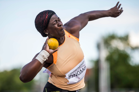 Dongmo Auriole of Cameroon is on her way to place third in the women&#039;s shot put final at the Gyulai Istvan Memorial Track and Field Grand Prix in Szekesfehervar, 63 kms southwest of Hungary.