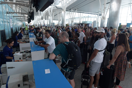 British tourists flying with Thomas Cook queue at the Enfidha International Airport in Tunisia on Sept. 23