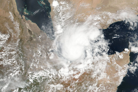 A handout photo made available by the NASA on 19 May 2018 shows a satellite image of tropical storm Sagar developing over the Gulf of Aden, 18 May 2018. The small tropical storm which is very rare to appear in the area is estimated to hit Djibouti and northern Somalia on 19 May 2018. HANDOUT EDITORIAL USE ONLY/NO SALES
