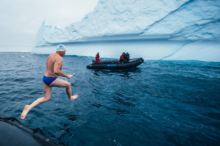 Lewis Pugh jumps into the Ross Sea.