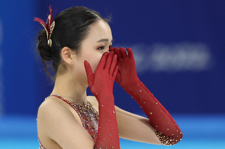 Zhu Yi of China reacts after her performance in a figure skating team event on February 7 at the 2022 Beijing Olympics.