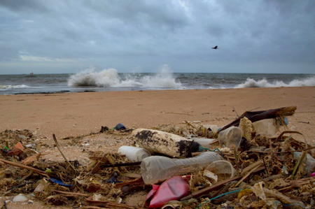 A plastic bottle lies among other debris washed ashore on the Indian Ocean beach in Uswetakeiyawa, north of Colombo, Sri Lanka.