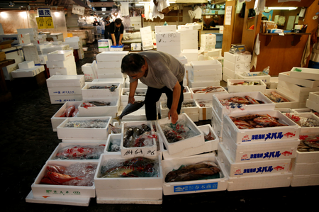 A wholesaler displays fish at the Tsukiji fish market in Tokyo, Japan, September 25, 2018. REUTERS/Issei Kato - RC17B48026F0