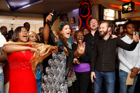 The crew members of the film &quot;Watu Wote: All of us&quot; the German and Kenyan joint production, react as their film received an Oscar nomination for the best Live Action Short Film category in Nairobi, Kenya.