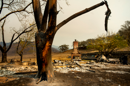A chimney stands at a home leveled by the Kincade Fire in Calistoga, on Oct. 28.