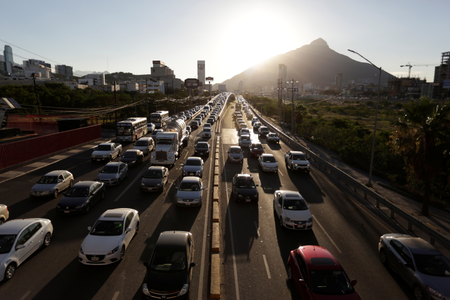 Cars are seen during early rush hour in Monterrey