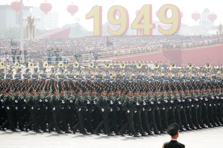 People&#039;s Liberation Army soldiers march in the military parade marking the 70th founding anniversary of the People&#039;s Republic of China on October 1, 2019.