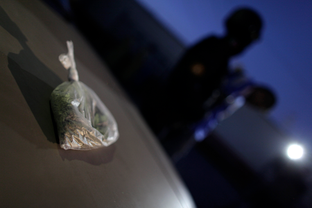 A bag of marijuana is on display as suspects are presented to the media after their arrest in Monterrey December 30, 2011. The two suspects were arrested after police found a small bag with marijuana valued at approximately 500 pesos ($36) in their car during a routine check, according to local media. (MEXICO - Tags: CRIME LAW DRUGS SOCIETY) - GM1E7CV15O601