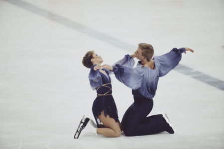 Ice dancers Jayne Torvill and Christopher Dean of Great Britain perform their Bolero routine for the Ice Dance Skating at the XIV Olympic Winter Games on 14 February 1984 Skenderija II Hall, Sarajevo, Yugoslavia. (Photo by Trevor Jones/Getty Images)