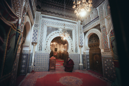 The entrance of the mausoleum of Moulay Idris II in the city of Fes in Morocco. Moulay Idris II founded Fes in 810, and was a direct descendant of the Prophet Muhammad.