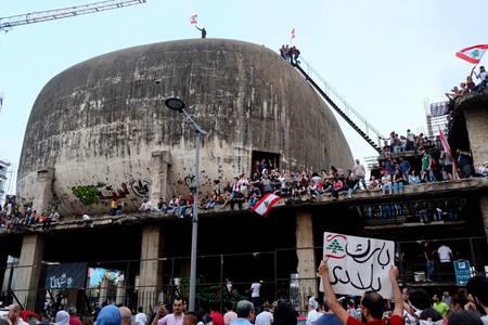 Protesters gather inside and atop Beirut’s famous “The Egg&quot; in downtown Beirut.