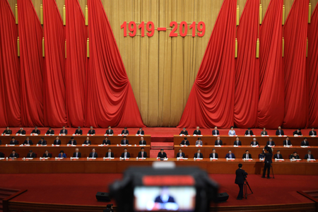 Chinese President Xi Jinping, center and other top leaders attend a commemoration ahead of the 100th anniversary of the May 4 Movement at the Great Hall of the People in Beijing on Tuesday, April 30, 2019. The 100-year-old movement sought to overturn what was then called &quot;feudal&quot; thinking that opposed their calls for civil and women&#039;s rights. China&#039;s authoritarian Communist Party rulers now embrace the movement as a seminal moment in China&#039;s transition to a modern nation. (AP Photo/Ng Han Guan)