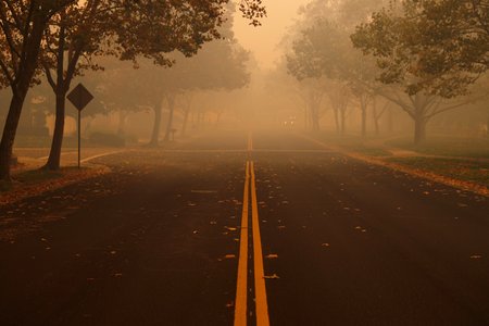 A deserted street is seen during the wind-driven Kincade Fire in Windsor, California on Oct. 27.