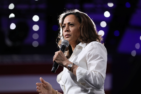 2020 Democratic U.S. presidential candidate and U.S. Senator Kamala Harris speaks during the Presidential Gun Sense Forum in Des Moines