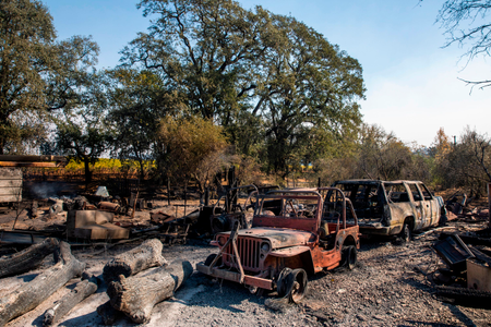 The charred remains of vehicles sit on a property burned during the Kincade Fire, along Highway 128 at in Healdsburg on Oct. 28.