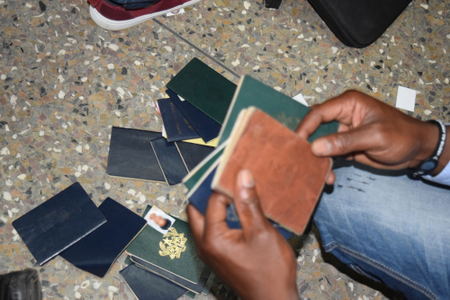 Fake passports confiscated during a raid on a fake US embassy in Accra, Ghana.