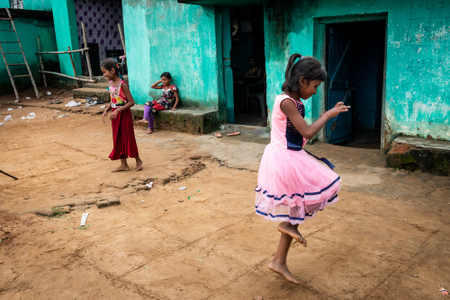 Kids play hopscotch at Hardi Bazar in Korba, Chhattisgarh, India.