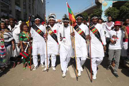 Ethiopian men dressed in traditional costumes take part in the Irreecha celebration, the Oromo People thanksgiving ceremony in Addis Ababa, Ethiopia. October 5, 2019.