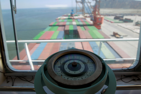 A view from the bridge of a container ship.