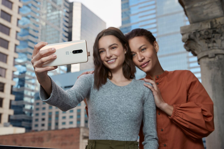 Taking a selfie with the pop-out camera on the OnePlus
