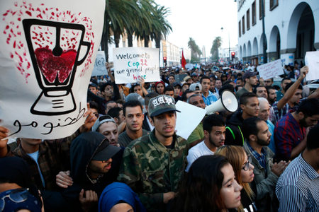 With graphic posters and signs some thousands of Moroccans protest against the death of Mouhcine Fikri last Friday, in the northern city of Hoceima in Rabat, Morocco,