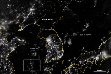 South Korea and North Korea at night.
