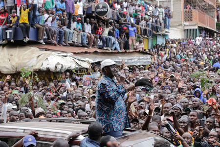 Kenyan opposition leader Raila Odinga (C) addresses thousands of his supporters after visiting the family of a young girl killed by a stray bullet during protest between opposition supporters and riot police in Mathare North, in Nairobi, Kenya, 13 August 2017. The rights group Kenya National Commission on Human Rights stated that at least 24 people have been killed in nationwide protests which erupted immediately after the electoral commission announced Kenyatta as the winner, while opposition claims the security forces killed more than 100 people. Kenyans across the nation are praying for peace on 13 August as the normalcy returns to areas that have experienced days of violence.
