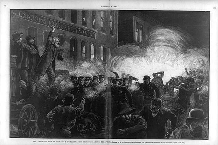 An illustration that appeared in Harper&#039;s Weekly on May 15, 1886 of the Haymarket Affair in Chicago.