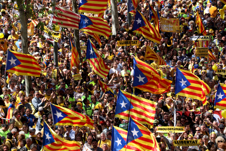 Pro-independence supporters wave Catalan separatist flags, known as &quot;Estelada&quot;, as they attend a demonstration in Barcelona
