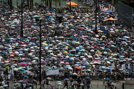 Thousands of pro-democracy protesters gather to march in the streets to demand universal suffrage in Hong Kong July 1, 2014. Pro-democracy protesters gathered for a mass march in Hong Kong on Tuesday, with one burning a photograph of the city&#039;s leader and another calling for him to be sacked, in what could be the biggest challenge to Chinese Communist Party rule in more than a decade. REUTERS/Tyrone Siu (CHINA - Tags: POLITICS CIVIL UNREST) - RTR3WKCK